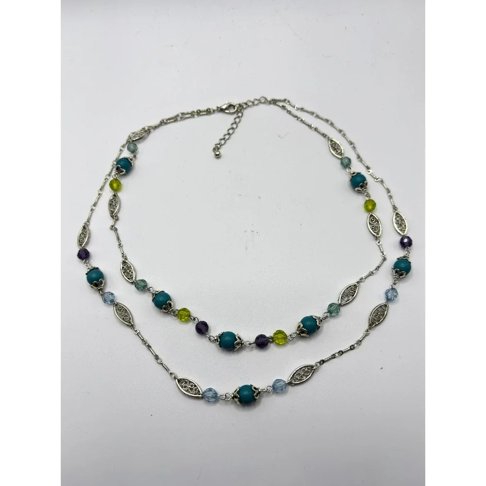 Sonoma Double Strand Necklace Womens Teal Silver Tone‎ Filigree Beaded Layered